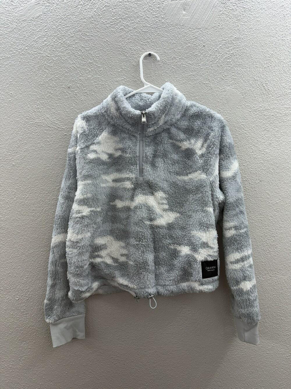 Calvin Klein Womens Sweatshirt Size Large Gray Camo Fleece 1/4 Zip Pullover